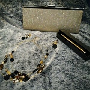 Glam-set! Sparkle clutch, gold pen, glass bead set